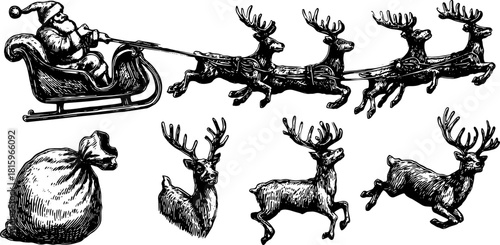 Santa Claus with reindeer in a sleigh, accompanied by a bag. Hand-drawn vintage vector illustration set in black and white.