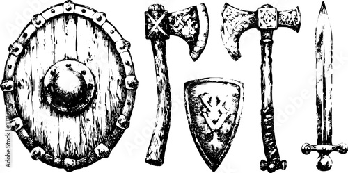 Vintage battle weapons set featuring a shield, sword, and axe. Detailed vector illustration in black and white showcasing wood and metal materials.