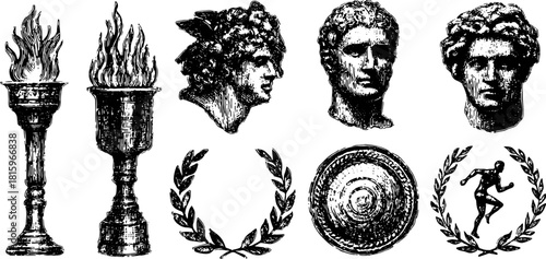 Engraving set of trophies, torch, and laurel in vintage style. Hand-drawn outline vector illustration for commemorative and classic themes.