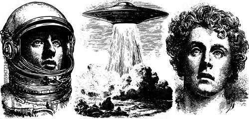 Astronaut and alien engravings in a vintage style. Retro illustration featuring a UFO beam over clouds, ideal for a graphic vector set.