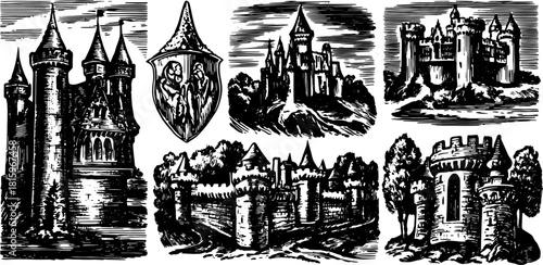 Medieval castles and fortresses in black and white. Detailed vector illustration set showcasing historic architecture and landscape elements.
