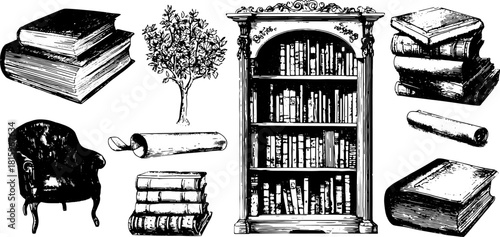 Books and a bookshelf with a chair and tree in vintage style. Retro vector illustration depicting antique elements in a cozy study set.