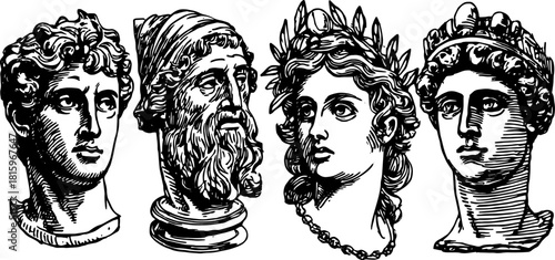 Engravings of classical statue heads. Vintage hand-drawn illustrations with intricate details and outlines in black, showcasing historical artistry in vector format.