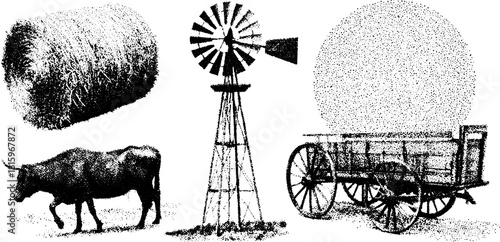 Vector illustration of a windmill, cow, wagon, and hay bale in a vintage style. Hand-drawn outline with stipple texture.