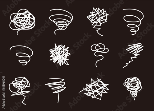 ぐるぐる、モヤモヤのマーク。不安、悩み、困惑などのネガティブな感情のアイコン。ベクターイラスト素材。