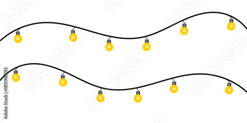 Two wavy strings of glowing yellow light bulbs hanging on a black wire against a white background.