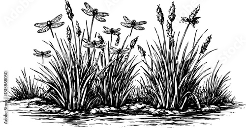 Vintage line drawing of dragonflies among tall grass by a lake. Detailed vector illustration showcasing nature in a black and white format.