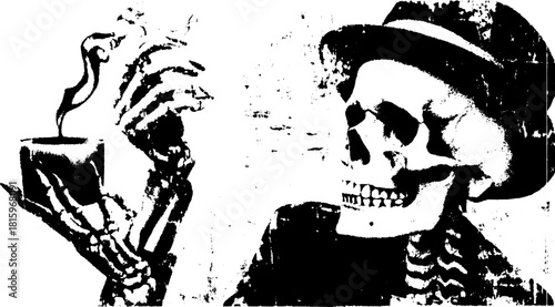 Skeleton holding coffee with smoke. A black and white vector illustration featuring a quirky character in a minimalist set.