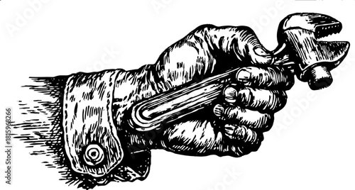 Hand holding a wrench. Vintage vector illustration in black and white, focusing on craftsmanship and engineering themes.