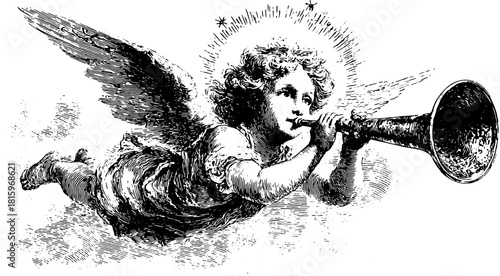 Vintage angel playing trumpet vector illustration in black and white outline art. Classic graphic depicting a joyful spirit, perfect for festive decoration.
