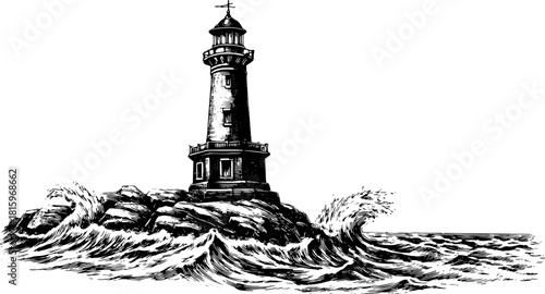 Lighthouse illustration in vintage engraving style. Detailed black and white vector art depicting the structure amidst ocean waves.