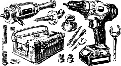 Drill and tools set in black and white. Various equipment illustrated for a detailed toolbox vector illustration.