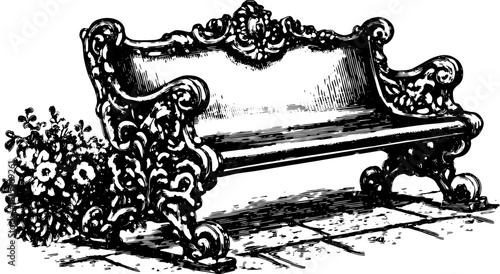 Vintage decorative garden bench illustration in black. Ornate wood seating design accompanied by flowers, creating a classic outdoor vector set.