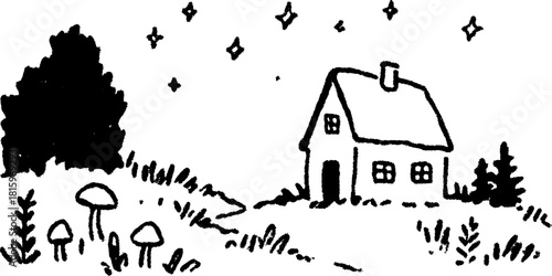 House among trees and mushrooms under a starlit sky. Simple black and white vector illustration of a quaint rural landscape set.