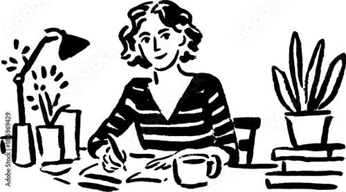 Woman writing at a desk with a lamp and plant. Simple black and white vector illustration showing a creative workspace set.
