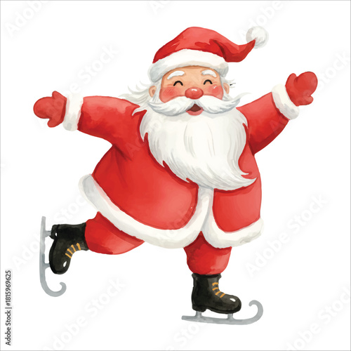 Santa Claus Vector Ice Skating Christmas Illustration Isolated on White Background
