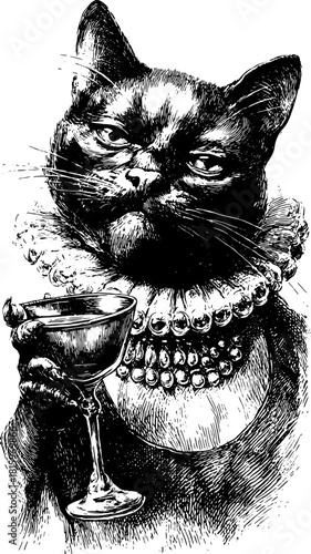 Black cat illustration holding a glass drink. Vintage vector art featuring a sophisticated feline in a detailed portrait style.