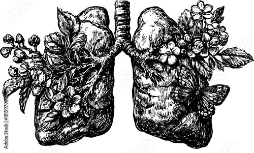 Lungs illustrated with flowers and a butterfly in black and white. Vintage vector illustration depicting nature and anatomy set.
