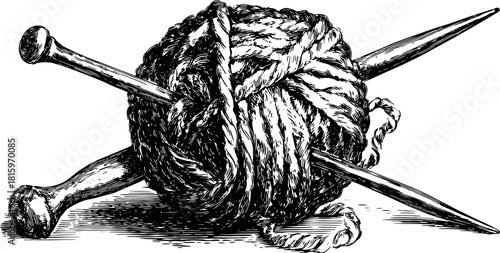 Yarn and knitting needles in black outline. Vintage illustration showcasing knitting craft in vector format, emphasizing the art of textiles in this set.
