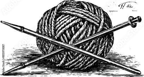 Ball of yarn with crossed knitting needles in a black and white style. Vintage textile craft vector illustration.