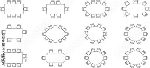 Collection of different table seating arrangements for events, meetings, and dining