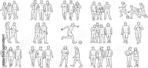 Collection of black and white line drawings depicting various human figures and activities