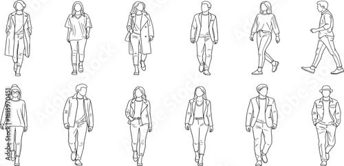 Curated set of minimalist line art human figures in various walking and standing poses, perfect for architectural plans, urban design, and graphic projects requiring conceptual human scale
