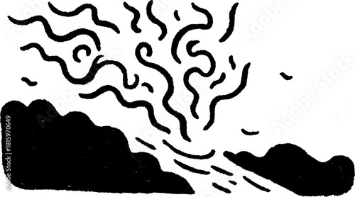 Abstract black smoke clouds with wavy lines and shapes. Modern vector illustration featuring minimalist artistic elements.