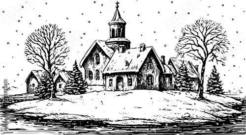 Vintage church illustration on an island, surrounded by trees and snow. Black and white outline vector illustration depicting a serene winter landscape.
