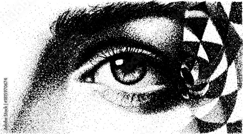 Close-up of an eye in black and white. Artistic illustration with detailed texture in a vector set format.