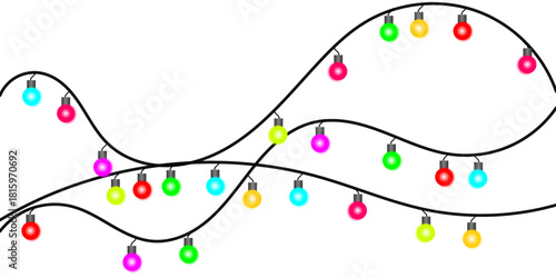 A festive string of colorful, glowing Christmas lights draped in waves on a clean white background.
