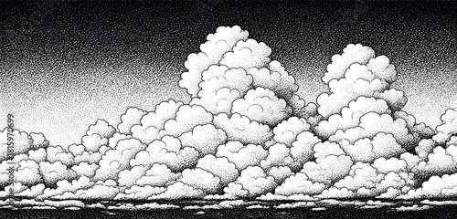 Highly detailed black and white graphic art of a majestic sky filled with billowing, dramatic storm clouds over a distant horizon