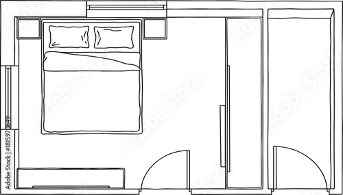 Schematic drawing of a cozy home interior bedroom layout, illustrating furniture arrangement and space planning concepts for a modern home