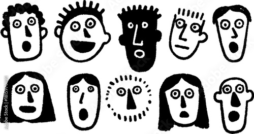 Faces illustration in black and white. Simple cartoon vector art featuring various expressions in a set.