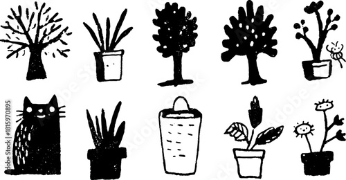 Plants and a cat in black outline style. Simple vector illustration featuring trees, flowers, and decorative pots in a set.