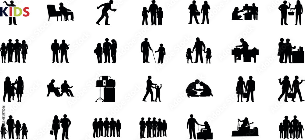 Fototapeta premium Versatile Collection of People Silhouettes Depicting Diverse Social Interactions, Business Meetings, Family Moments, and Community Activities in Modern Vector Style