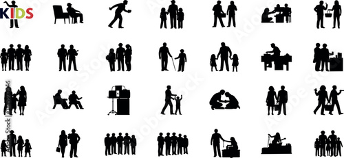 Versatile Collection of People Silhouettes Depicting Diverse Social Interactions, Business Meetings, Family Moments, and Community Activities in Modern Vector Style