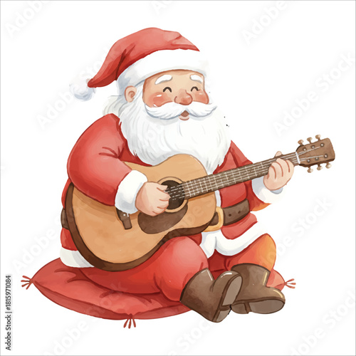 Santa Claus Vector Playing Guitar by Fire Christmas Illustration Isolated on White Background
