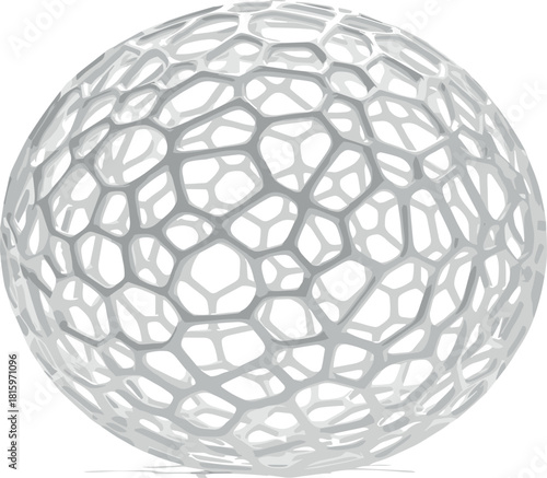 Abstract three-dimensional sphere with intricate interconnected organic mesh pattern, symbolizing scientific research, technological innovation, and complex network systems in modern design