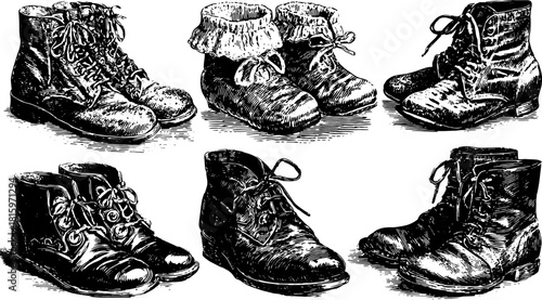 Vintage boots and shoes. Hand-drawn engraving illustration with black outline and stipple details. Retro footwear vector set.