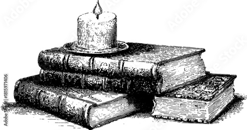 Books stacked under a candle silhouette. Vintage hand-drawn engraving design with black outline and stipple texture. Vector illustration set of classic literature.