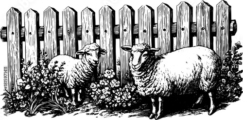 Sheep near a wooden fence in a garden. Vintage hand-drawn vector illustration with flowers creating a rural scene in black outline.