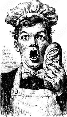 Baker holding bread in a surprised expression. Black and white engraving illustration set depicting a male chef.
