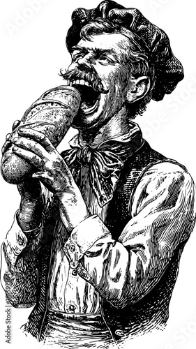 Baker holding bread in a vintage vector illustration style. Hand-drawn set shows a smiling male character dressed in traditional attire.