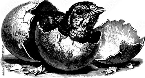 Bird hatching from an egg in a vintage vector illustration style. Detailed line drawing, suitable for various uses in print.