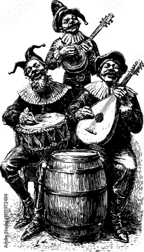 Antique engraving of a set of musicians playing instruments. Retro vector illustration features men in historical clothing performing in vintage style.