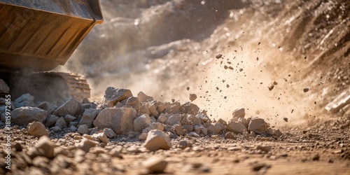 Dump truck unloading rocks in industrial quarry creating dust cloud
