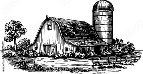 Vintage barn and silo in outline style. Black and white vector illustration showcases rural scenery with detailed architecture.