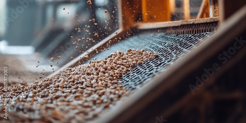 Gravel falling on conveyor belt in industrial quarry