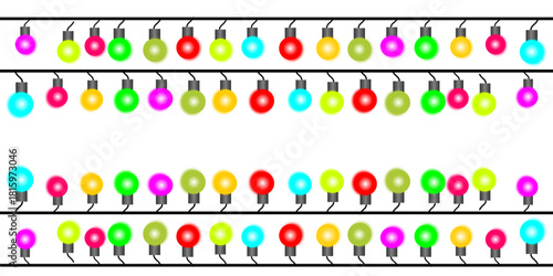 Four horizontal strings of colorful Christmas lights for holiday decoration on a white background.